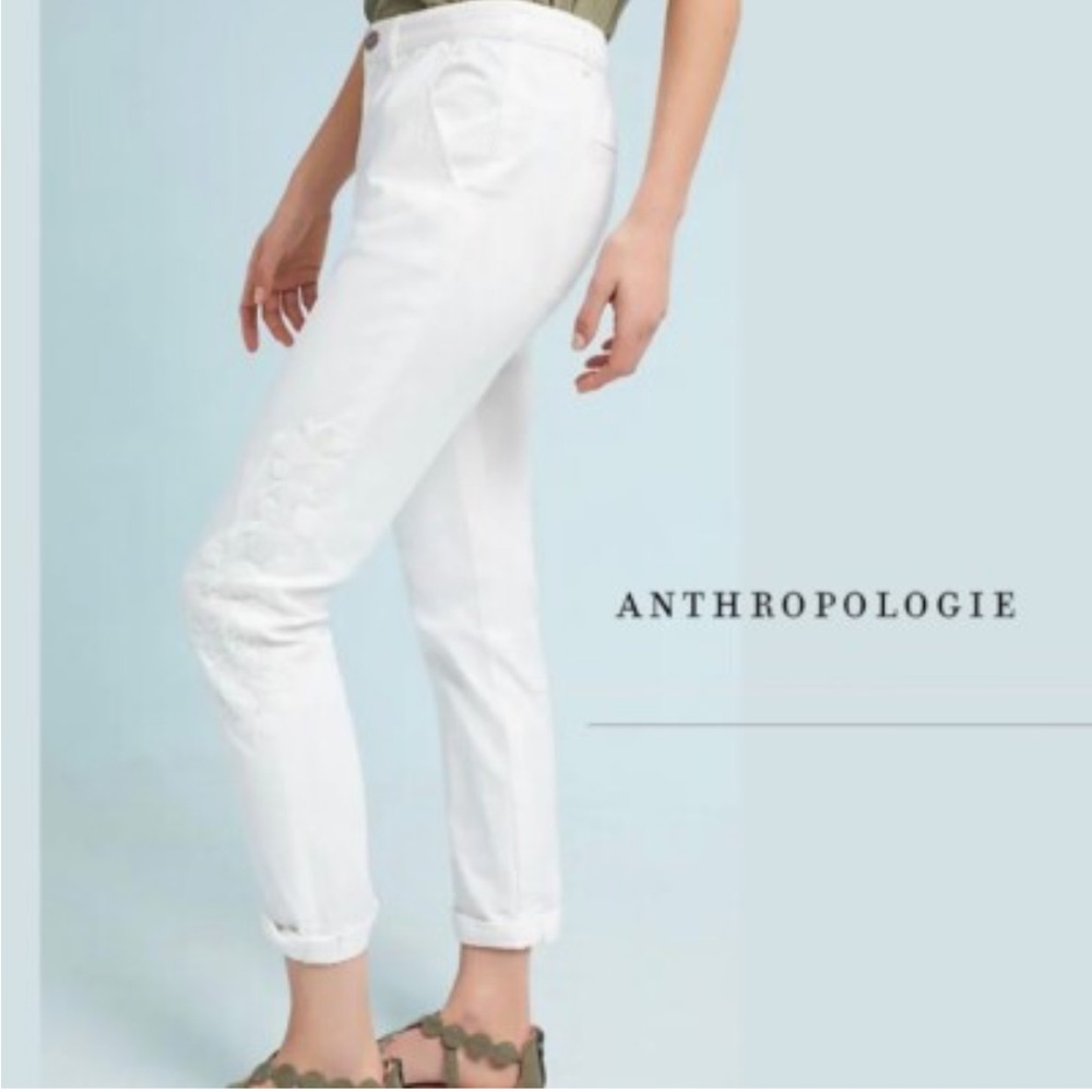 Anthropologie Chino Relaxed White Floral Embroidered Pants Size 30